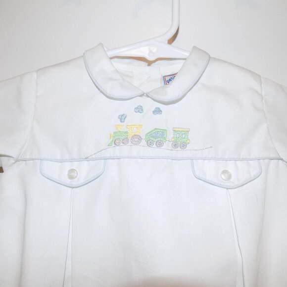 NWT PETIT AMI 6M White 2pc Train Romper Boys Bubble Collar Shirt Embroidered - Picture 2 of 11